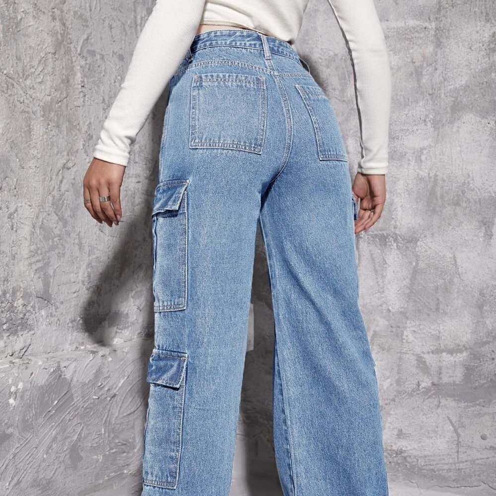 Blue Casual Womens Zipper Fly Flap Pocket Boyfriend Jeans - Picture 3 of 5